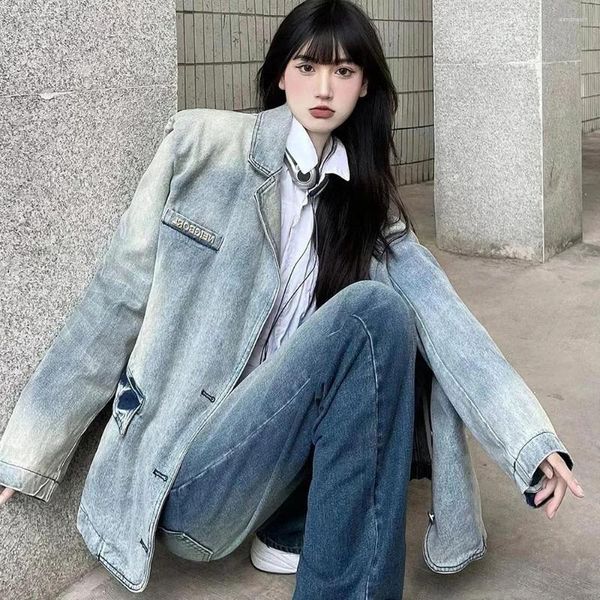 Ternos femininos streetwear jaqueta jeans para mulher 2023 outono retro lapela manga longa único breasted jean casaco solto blazer outerwear