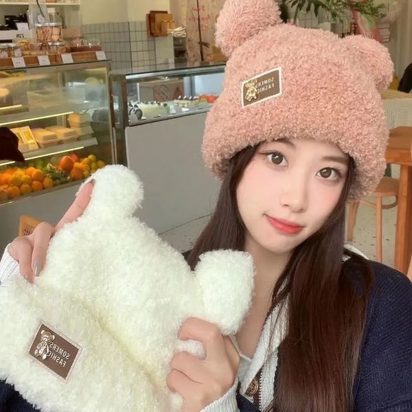 Beanieskull Caps Kadınlar Örme Şapka Kış Sıcak Ayı Kulak Peluş Kalınlaştırılmış Yün Kore tarzı Güzel Velvet Kıçaları Kızlar Sevimli Beanies 230928