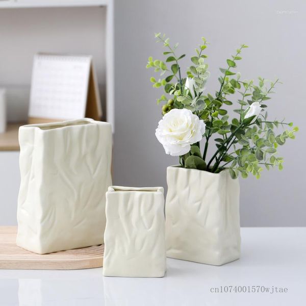 Vasen 1 stück Nordic Kreativität Premium Plissee Papier Creme Gelb/Weiß Keramik Vase Hause Wohnzimmer Dekor Blumen Arrangement Gerät