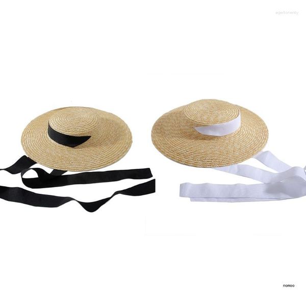 Cappelli a tesa larga Donna Estate Grande Flat Top Paglia per cappello da sole Vintage lungo nastro sottogola protezione solare da viaggio Floppy Beach Cap