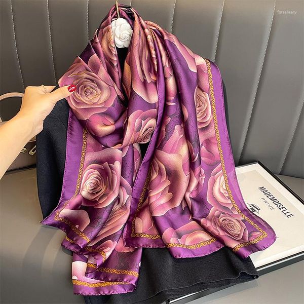 Sciarpe 2023 Sciarpa di seta in raso Scialle Moda Fiori Stampa Design per donna Versatile Fazzoletto Avvolge Telo mare Bandana