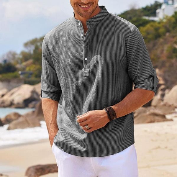 Erkekler Sıradan Gömlek Pamuk Keten Uzun Kollu Bahar Sonbahar Düz Renk Stand-Yellow Beach Style Plus Boyut M-3XL