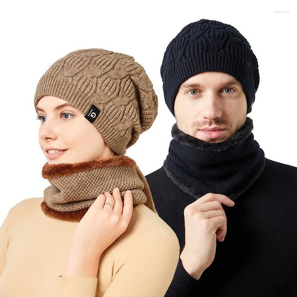 Berretti Autunno Inverno Donna Cappello lavorato a maglia Sciarpa Kit Velluto Caldo Modello a prova di freddo Pullover Uomo Skullies Berretti