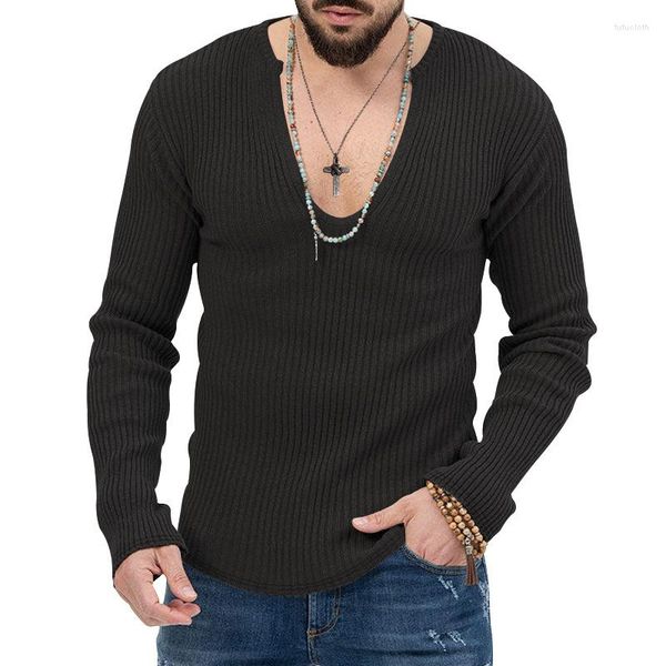 Maglioni da uomo 2023 Tendenza Primavera e Autunno Profondo scollo a V Tinta unita lavorato a maglia Pullover a maniche lunghe