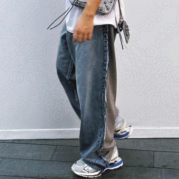 Jeans masculinos namorado homens mulheres splice francês vintage moda 1:1 solto casual perna larga baggy calças jeans unisex y2k calças