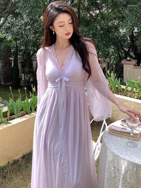 Mulheres sleepwear mulheres roxo malha fada nightdress primavera verão romântico vitoriano princesa francês sexy v-pescoço nightgowns loungewear