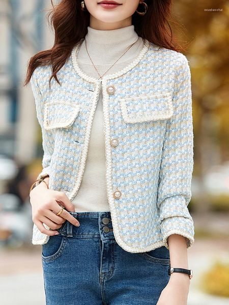 Damenjacken Blau karierter Tweed-Jackenmantel für Frauen Herbst Vintage Kleiner Duft Temperament Mode Langarm Wolloberbekleidung