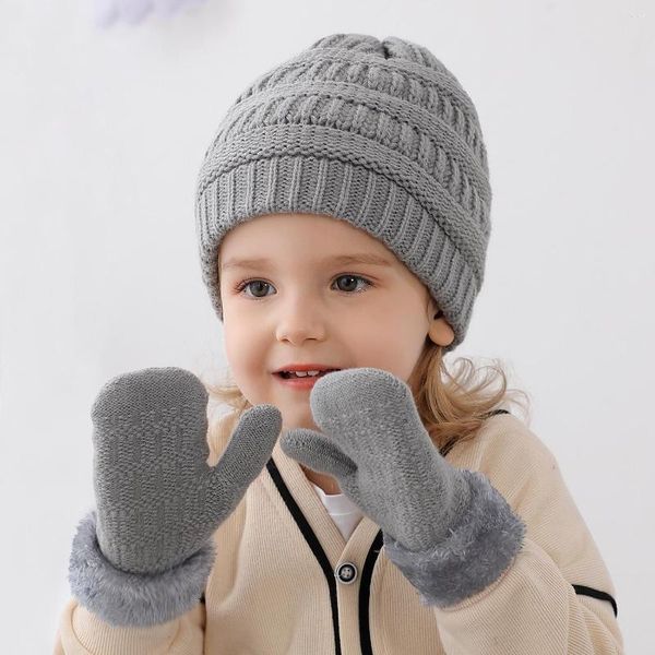 Berets Herbst Winter Mützen Mütze und Handschuhe Set für Kinder Jungen Mädchen gestrickt mit dickem Plüsch