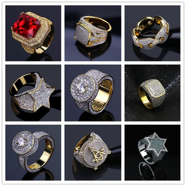 Множество дизайнов для вариантов Bling Iced Out Золотые кольца Мужские ювелирные изделия в стиле хип-хоп Прохладный камень CZ Мужские кольца в стиле хип-хоп Размер 7-11297r