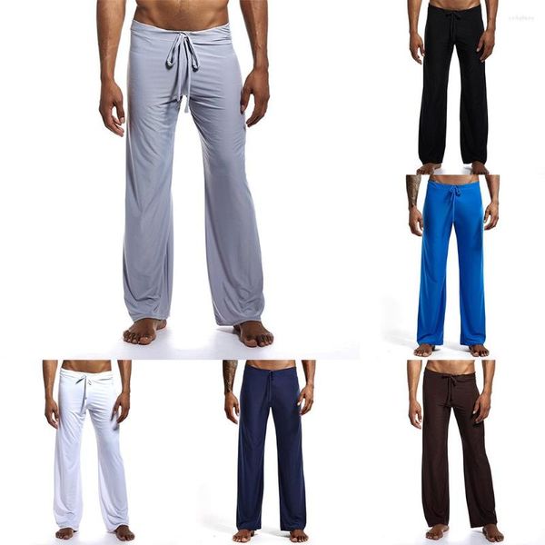 Calças masculinas casuais esportes cor sólida cordão elástico na cintura solta ajuste yoga calças sono ginásio jogger lounge pijama