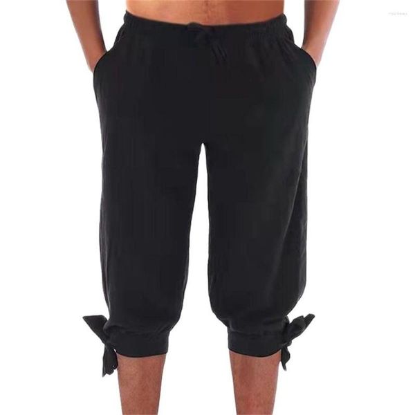 Shorts masculinos mens renascentista calças pirata medieval viking gótico na altura do joelho calças de algodão linho traje de halloween rendas até