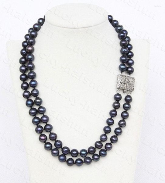 Ketten JQHS Echte 43 cm 2reihige 10 mm runde schwarze Perlenkette 18KGP-Verschluss C1228 Schmuck