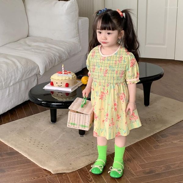 Vestidos da menina 2-6 anos meninas floral 2023 verão crianças bordado artesanal plissado princesa saia coreano bebê puff vestido de manga curta