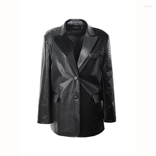 Damen-Leder-Frühlingsfrauen-Schwarz-beiläufige Krokodil-Muster-Faux-Anzug-Jacke Streetwear-Mode-Kerb-Kragen-Langarm-Blazer-Mantel