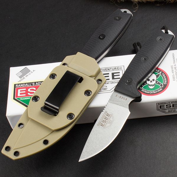 OEM US Style ESEE-3 Rowen Coltello tattico a lama fissa stone wash Lama in acciaio 9Cr18Mov Lama G10 Maniglia da campeggio Caccia all'aperto Escursionismo coltelli da sopravvivenza nella natura selvaggia