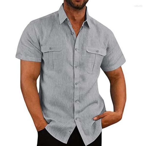 Мужские классические рубашки с двойным карманом, хлопково-льняная рубашка с коротким рукавом, повседневные и блузки, винтажные однотонные топы