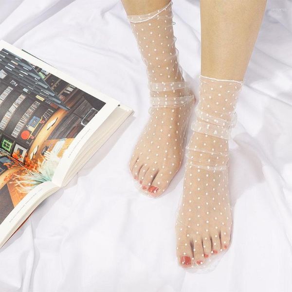 Mulheres meias sexy dot laço transparente malha tornozelo senhoras ultra-fino princesa tule feminino meias