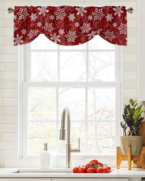 Cortina de natal floco de neve textura janela vermelha para sala de estar armário de cozinha tie-up valance haste bolso