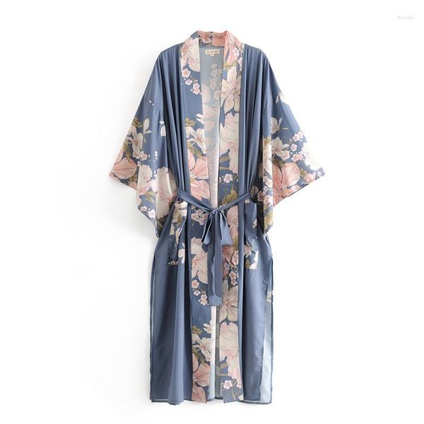 Kadın Ceketleri 2023 İlkbahar Yaz Bohem V Boyun Peacock Çiçek Baskı Uzun Kimono Gömlek Etnik Bağlantı Sashes Hırka Gevşek Bluz