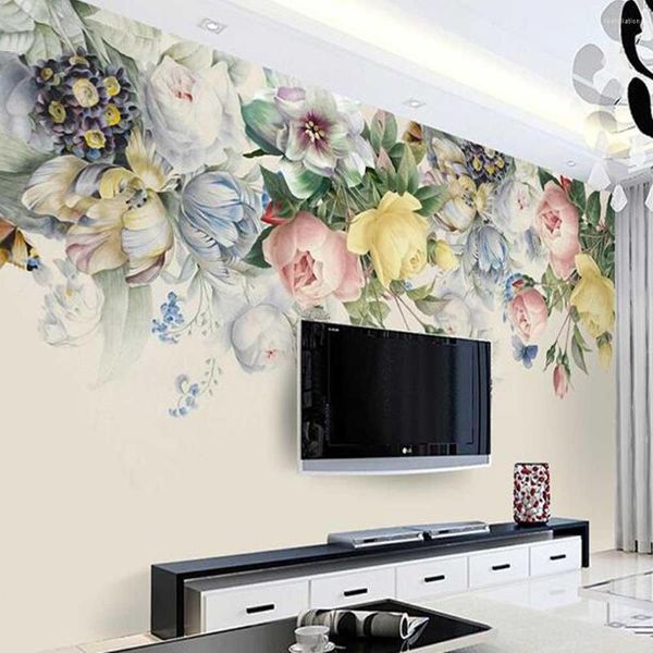 Обои в европейском стиле, настенная бумага с цветами, настенная бумага, рулонные фрески для гостиной, ресторана, винтажная роза, цветочный художественный декор