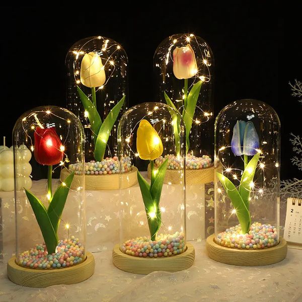 Objetos decorativos estatuetas flor eterna nightlight tulipa tampa de vidro decoração natal dia dos namorados presente de aniversário feminino falso 230928