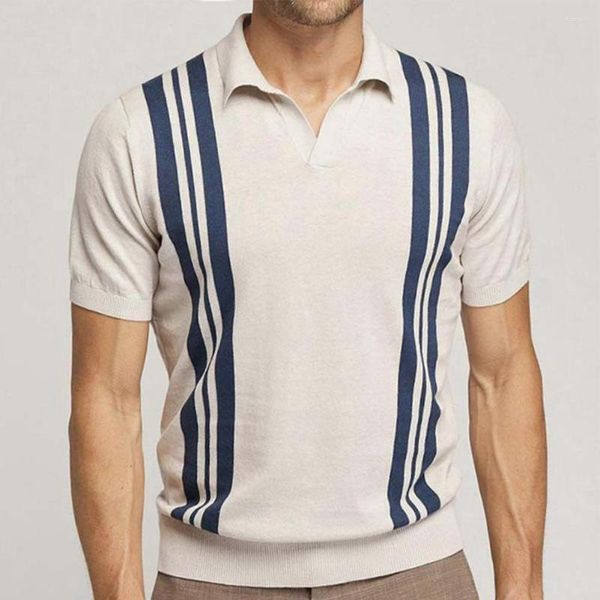 Мужские поло, мужские трикотажные полосатые классические рубашки с V-образным вырезом, топы с короткими рукавами, футболка, пуловер, футболка