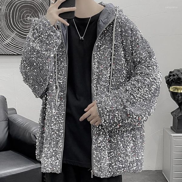 Jaquetas masculinas outono com capuz luxo zíper jaqueta homens jaqueta bomber diamante casaco moda lantejoulas punk club outfit lazer