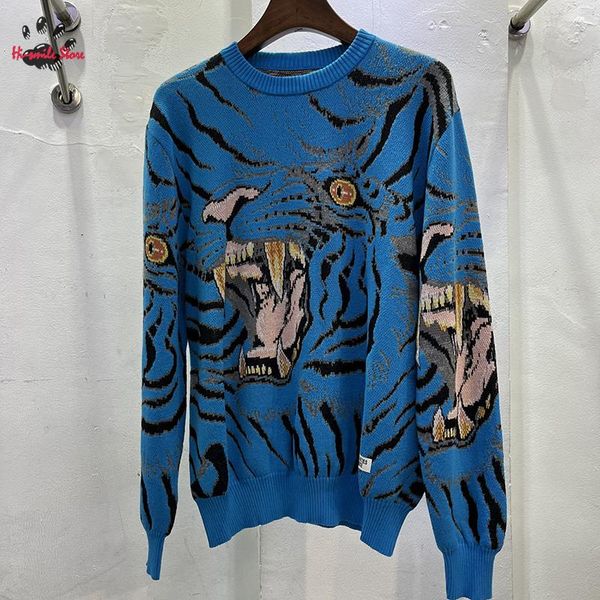 Maglioni da uomo Qualità WACKO MARIA Maglione lavorato a maglia Tiger Jacquard Cotone Autunno Inverno Felpe girocollo Blu Kaki Bianco