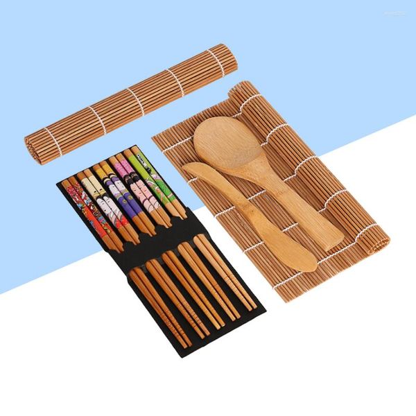 Conjuntos de louça 15 pcs bambu sushi fazendo kit com 2 esteiras de rolamento 5 pares pauzinhos arroz pá espalhador