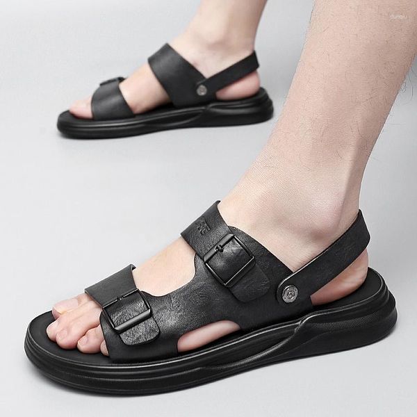 Sandálias de verão masculino respirável confortável confortável couro genuíno tira dupla fivela masculina sapatos casuais preto marrom 5 5