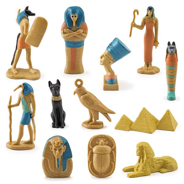 Objetos decorativos estatuetas simuladas 12pcs / conjunto antigo egito esfinge pirâmide múmia rainha isis mini modelo figura decoração de casa 230928