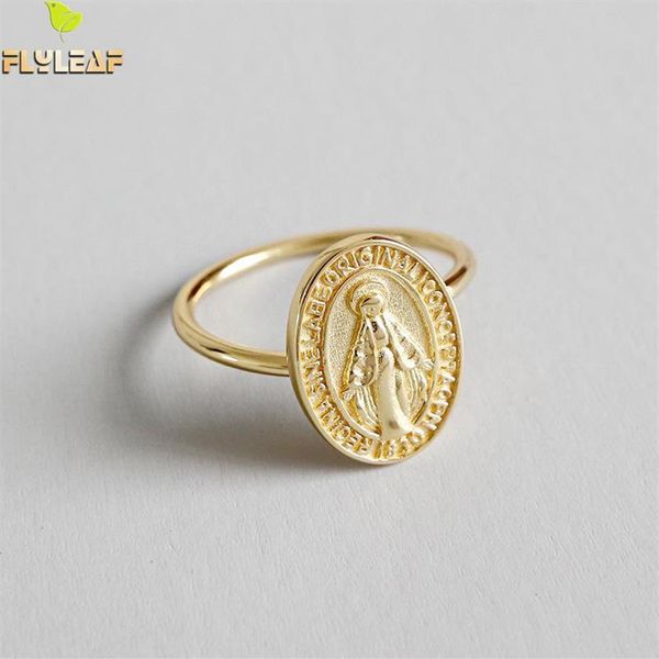 Flyleaf ouro virgem maria redondo marca aberta anéis para mulheres de alta qualidade 100% 925 prata esterlina senhora religião jóias2407