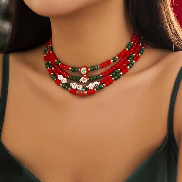 Choker 4 Stücke Weihnachten Trend Nette Acryl Weihnachtsmann Brief Schlüsselbein Halskette Koreanische Rot/Grün Kristall Perlen Frauen Partei Schmuck