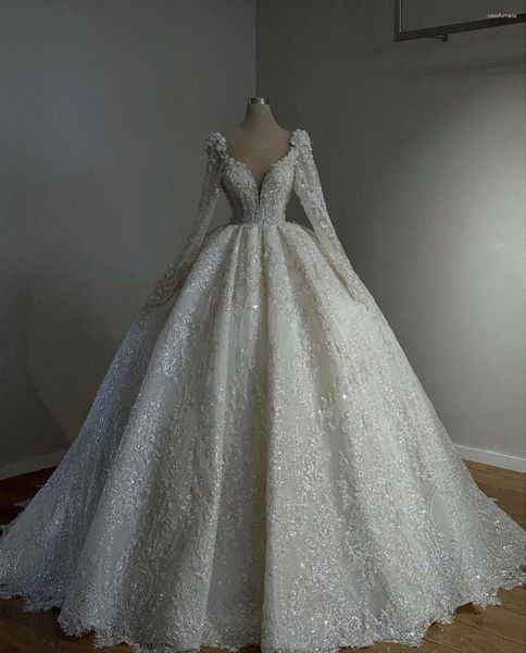 Partykleider Luxuriöses Ballkleid für Hochzeit, V-Ausschnitt, lange Ärmel, Applikationen, Riemen, Rüschen, Perlen, Ballkleider, maßgeschneidert, mit Schnürung, Übergröße