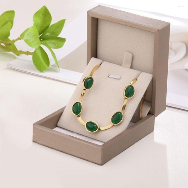 Correntes de corrente grossa gargantilha de aço inoxidável clavícula colar pulseira brincos soldagem oval verde resina pedra conjunto de jóias