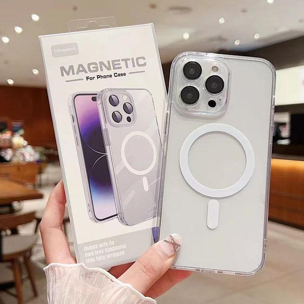 Klare magnetische Handyhüllen, weiches TPU, harter PC, stoßfeste Abdeckung mit Kameraobjektiv-Filmschutz für iPhone 15 14 Plus 13 12 11 Pro Max Magsafe mit Einzelhandelspaket DHL