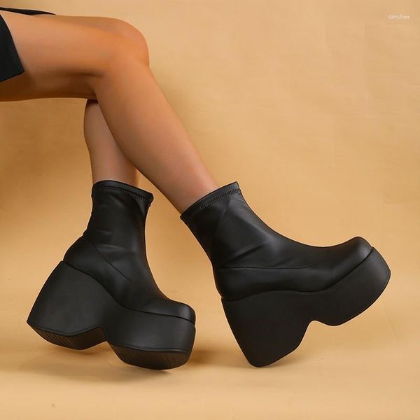 Botas 2023 Custom Goth Sapatos Preto Stretch PU Plataforma Alta Tornozelo Mulheres Cunha Atacado