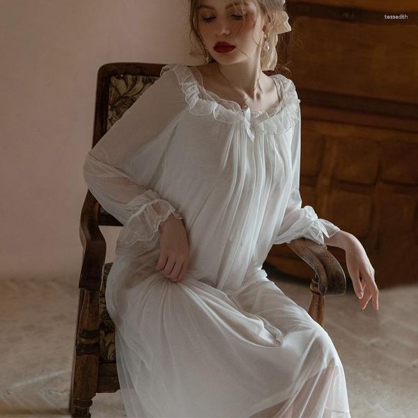 Damen-Nachtwäsche, Sommer-Frauen-Nachthemd, Prinzessinnenkleid, weißes Langarm-Vintage-Mädchen-Bogen-Nachtwäsche, sexy Spitzen-Nachthemd, Damen-Pyjama