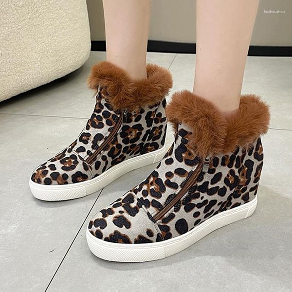 Сапоги, замшевые зимние женские ботинки с леопардовым принтом, 2023, теплая зимняя женская обувь на плюшевой подкладке, большие размеры 42, хлопковая обувь на нескользящей плоской подошве на плоской подошве