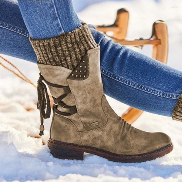 Stivali 2023 Stivali da donna invernali a metà polpaccio Flock scarpe Moda neve da donna alta coscia scamosciata calda Botas Zapatos De Mujer