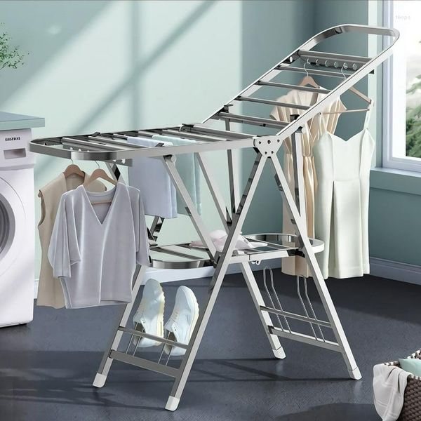 Cabides polegadas roupas de secagem rack aço inoxidável economia espaço dobrável lavanderia prata piso doméstico
