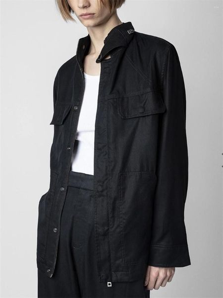 Женские костюмы, женская черная куртка, логотип на спине, вышитый логотип в стиле сафари, повседневная молния с воротником-стойкой, осень 2023, женские модные пальто