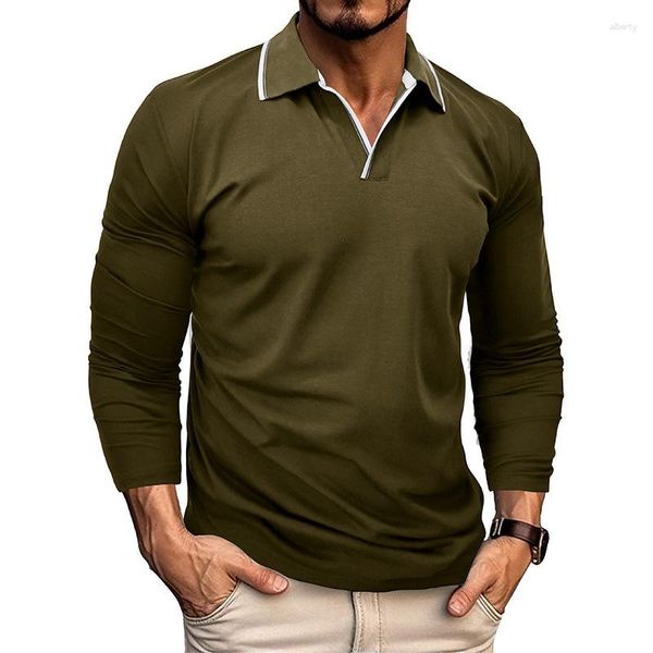Polos masculinos 2023 outono e inverno manga longa com decote em v camisa polo camisas superiores para homens roupas