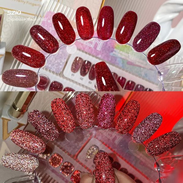 Unha polonês vermelho reflexivo glitter gel unha polonês gelo através de lantejoulas embeber fora uv gel verniz diy espumante para manicure arte do prego 230928