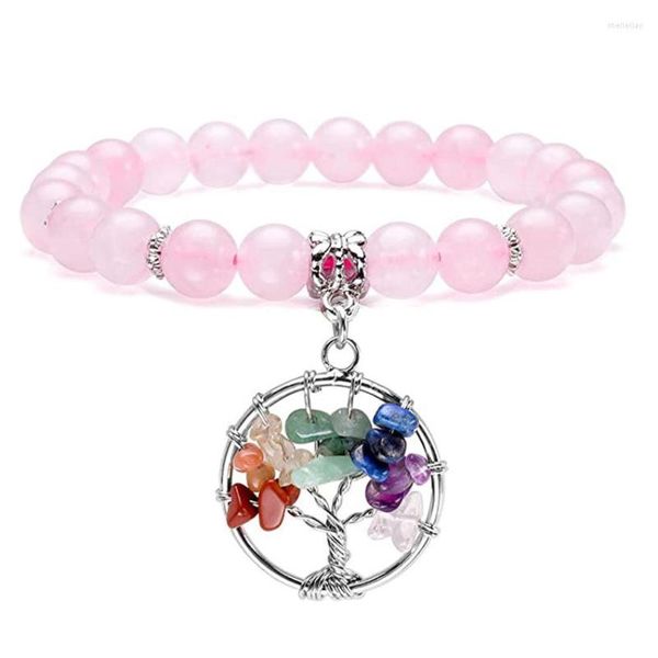 Filo di perline di cristallo curativo naturale 7 Chakra Quarzo rosa Reiki Yoga Meditazione Albero della vita Pietra Bracciale elasticizzato Gioielli da donna per ragazza