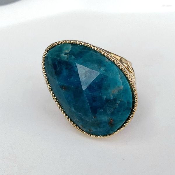 Anelli a grappolo KKGEM Anello in pietra di apatite blu naturale placcato oro 23x32mm per regalo di amica delle donne