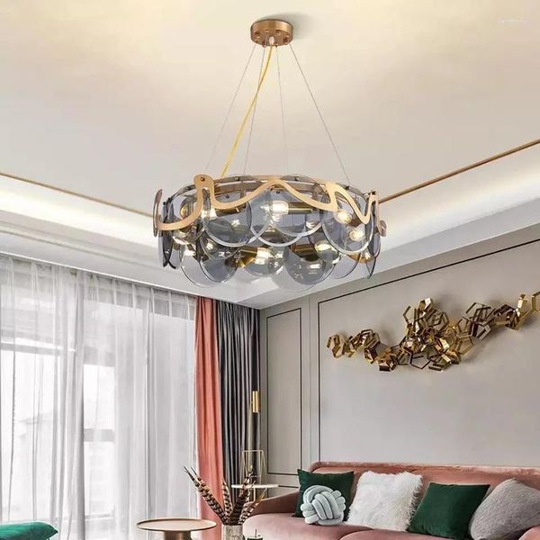 Lustres 2023 Nordique Post-moderne lumière luxe fumée gris verre plafond lustre pour chambre salle à manger cuisine El pendentif lampe