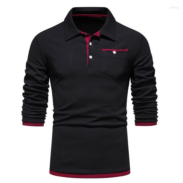 Polos masculinos manga comprida camisa polo casual slim fit cor sólida algodão macio bolso camiseta