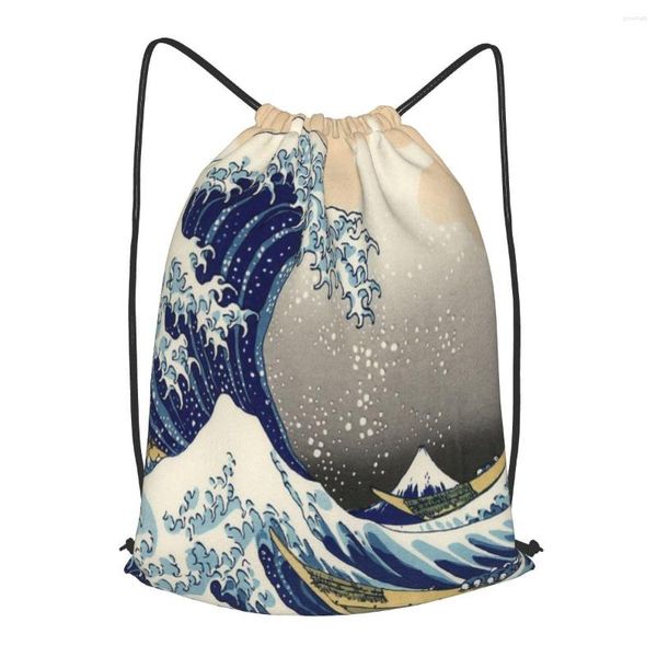 Bolsas de compras Estilo japonés Sea Wave Mochila con cordón Hombres Gimnasio Entrenamiento Fitness Bolsa deportiva Paquete de yoga para mujeres