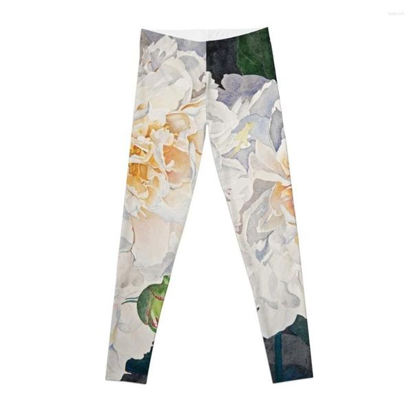 Calças Ativas Peônias Brancas Leggings Aquarela Esporte Roupas de Ioga